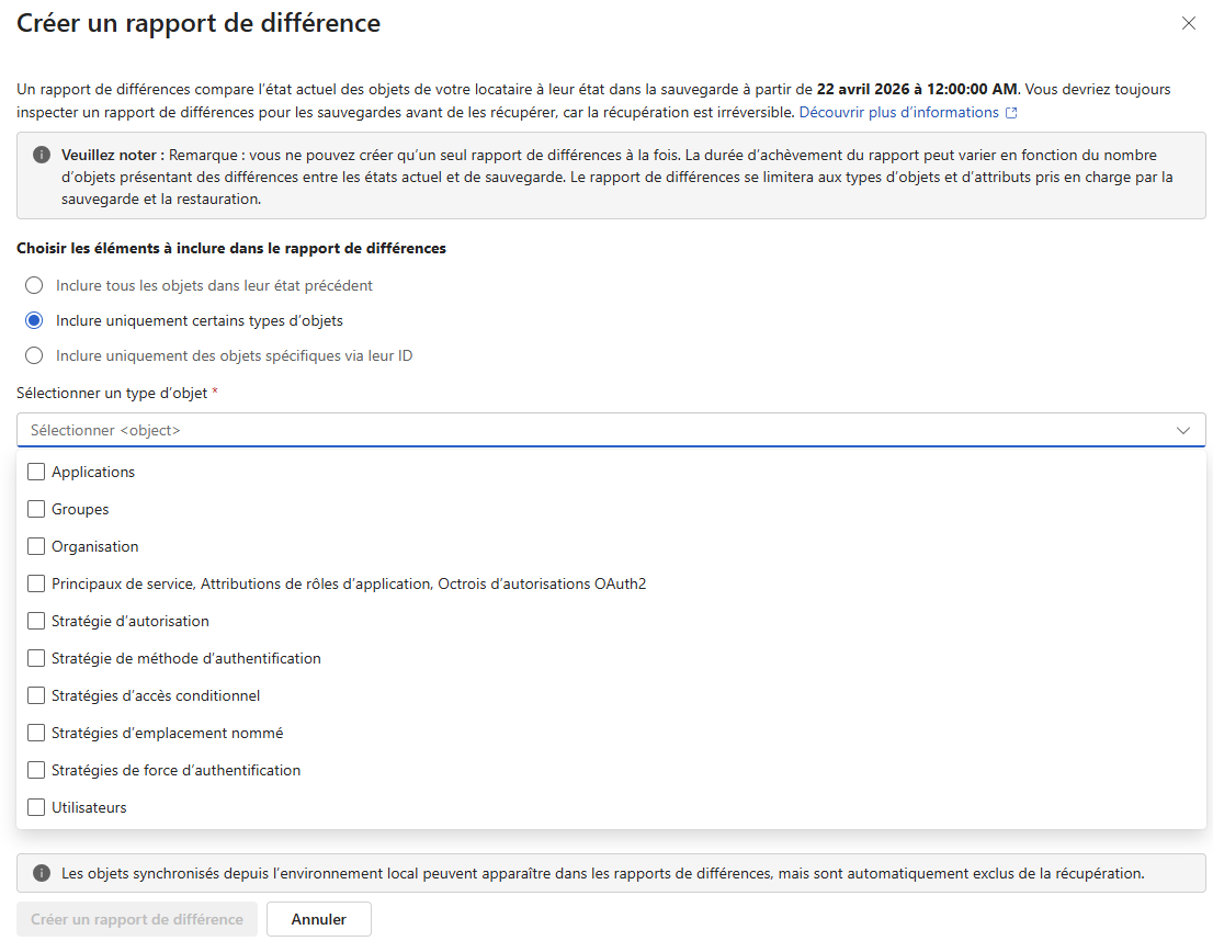 Choix de restauration Entra Backup