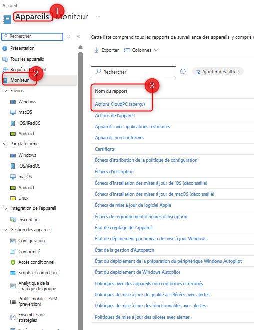 Rapport des actions Cloud PC