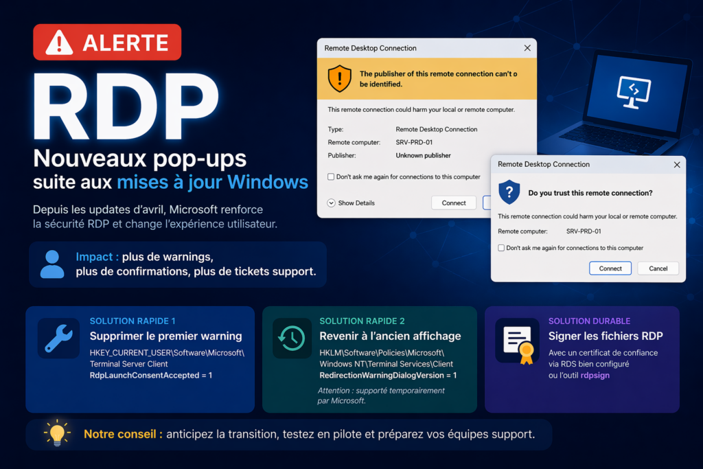 🚨 Alerte RDP – Nouveaux pop-ups suite aux mises à jour Windows
