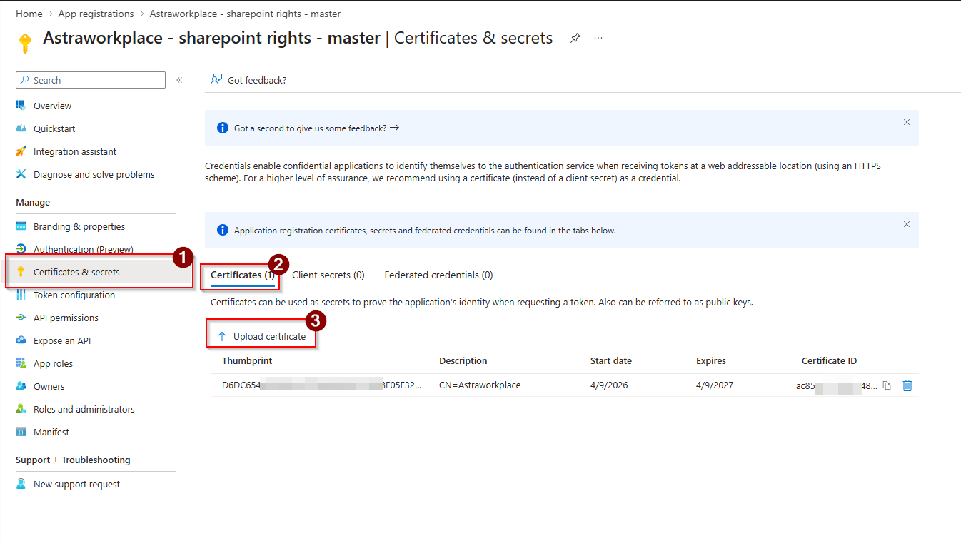 Capture d'écran représentant l'import de certificat dans entra