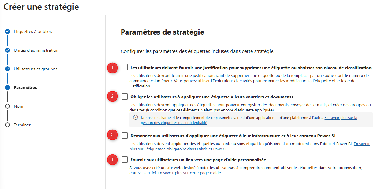 Paramètres de stratégie de publication des étiquettes de confidentialité